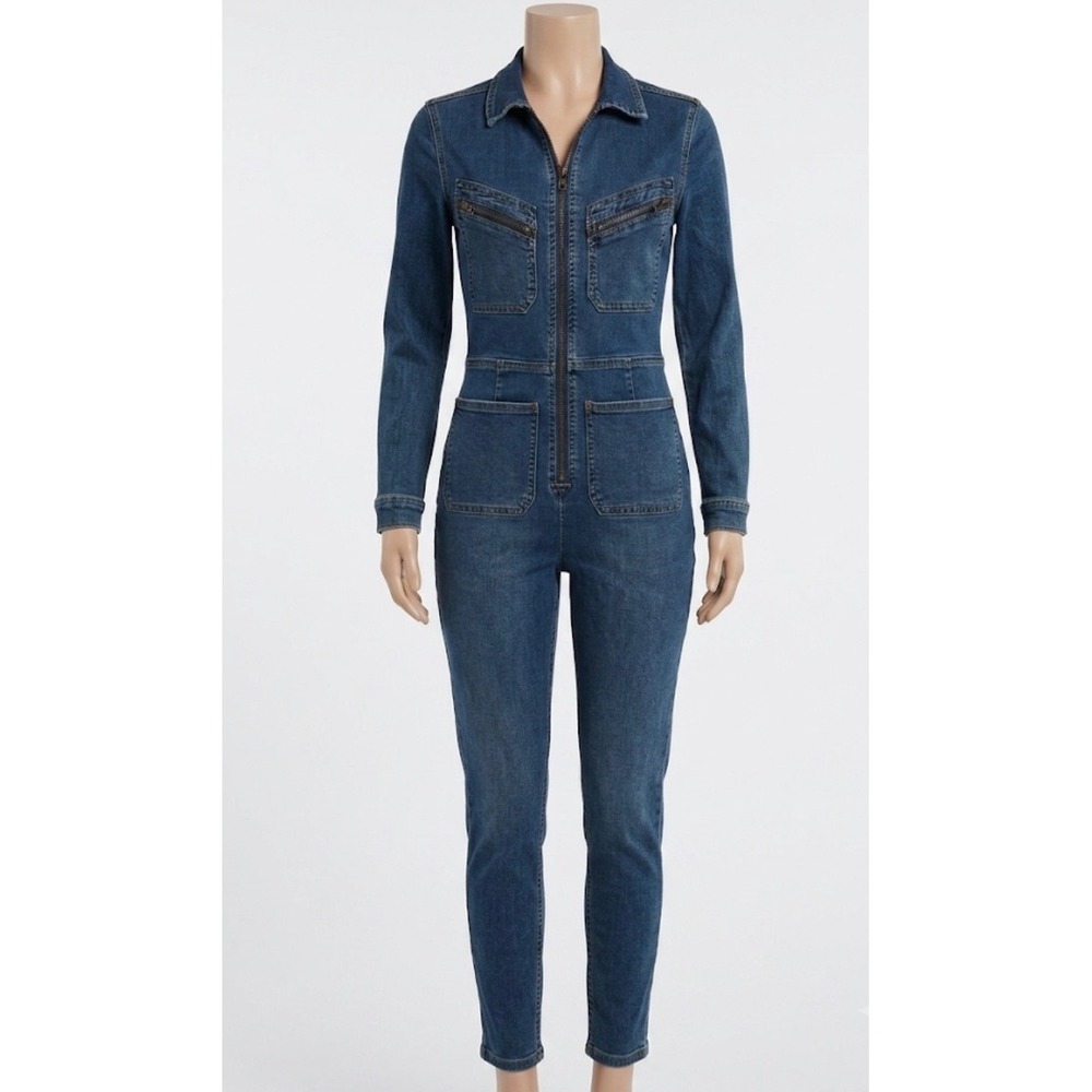 Free People Women's Lennox Jumpsuit  Small Denim Zip Front Utility Long Sleeve